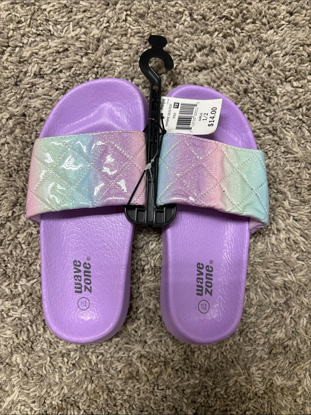 Girls Wave Zone Kids' Lavender Slide Sandals with Pastel Glitter Strap NWT